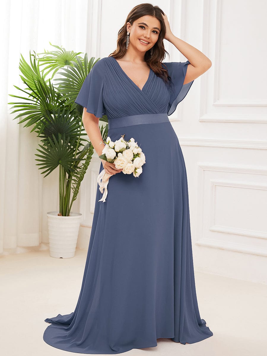 Custom Size Flutter Sleeves Chiffon Empire Waist Bridesmaid Dress #color_Stormy