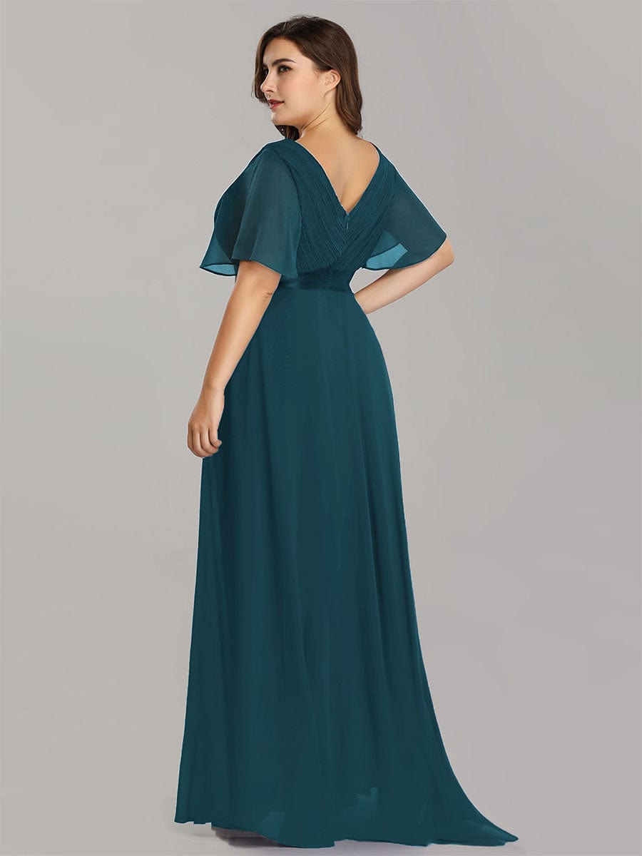 Plus Size Long Empire Waist Evening Dress With Short Flutter Sleeves #color_Teal