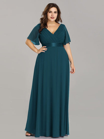 Plus Size Long Empire Waist Evening Dress With Short Flutter Sleeves #color_Teal