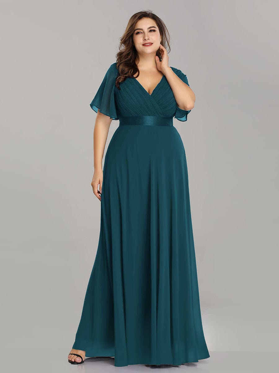 Plus Size Long Empire Waist Evening Dress With Short Flutter Sleeves #color_Teal