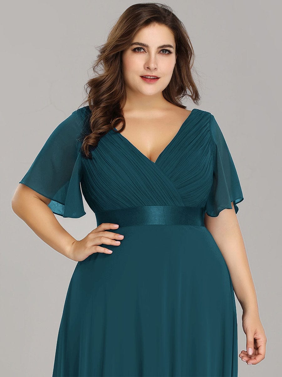 Plus Size Long Empire Waist Evening Dress With Short Flutter Sleeves #color_Teal