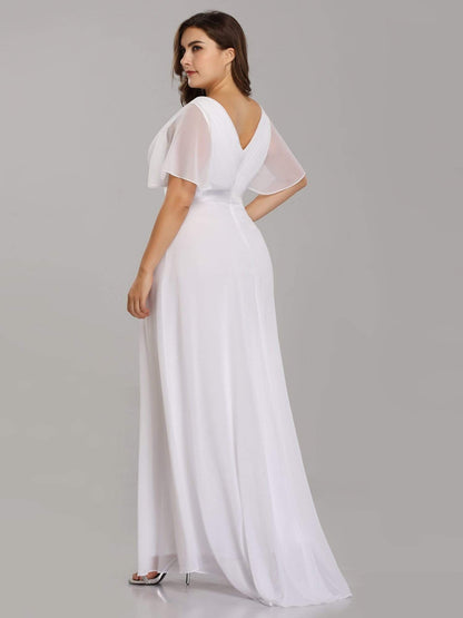 Long Chiffon Empire Waist Bridesmaid Dress with Short Flutter Sleeves #color_White