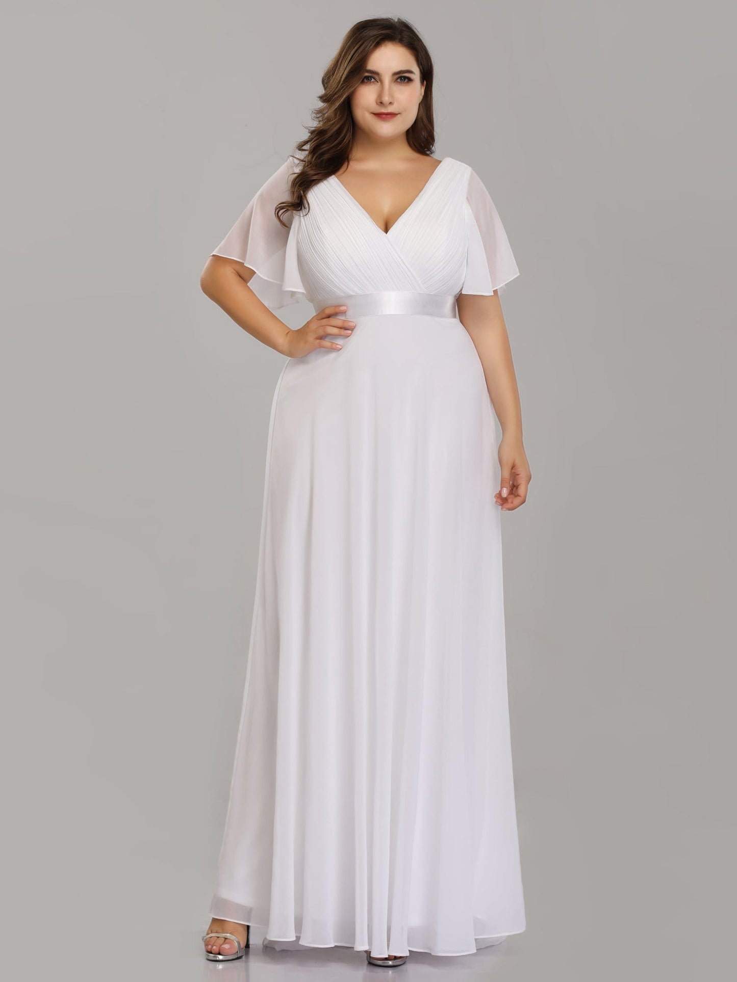 Custom Size Flutter Sleeves Chiffon Empire Waist Bridesmaid Dress #color_White