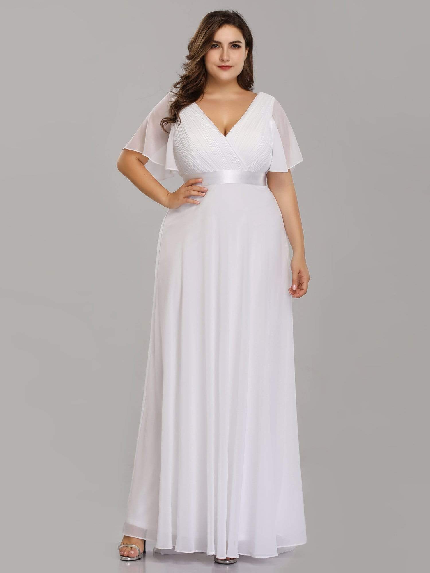 Long Chiffon Empire Waist Bridesmaid Dress with Short Flutter Sleeves #color_White