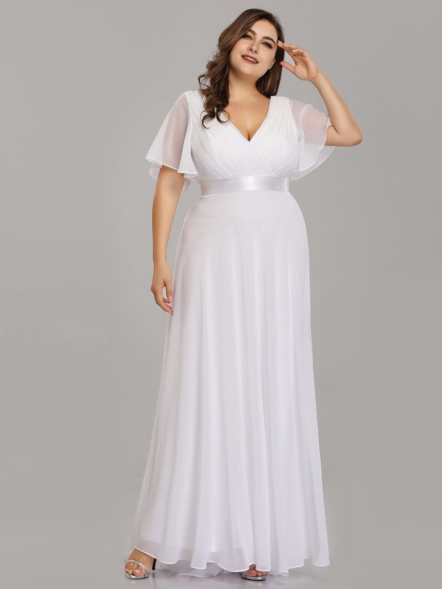 Plus Size Long Empire Waist Evening Dress With Short Flutter Sleeves #color_White