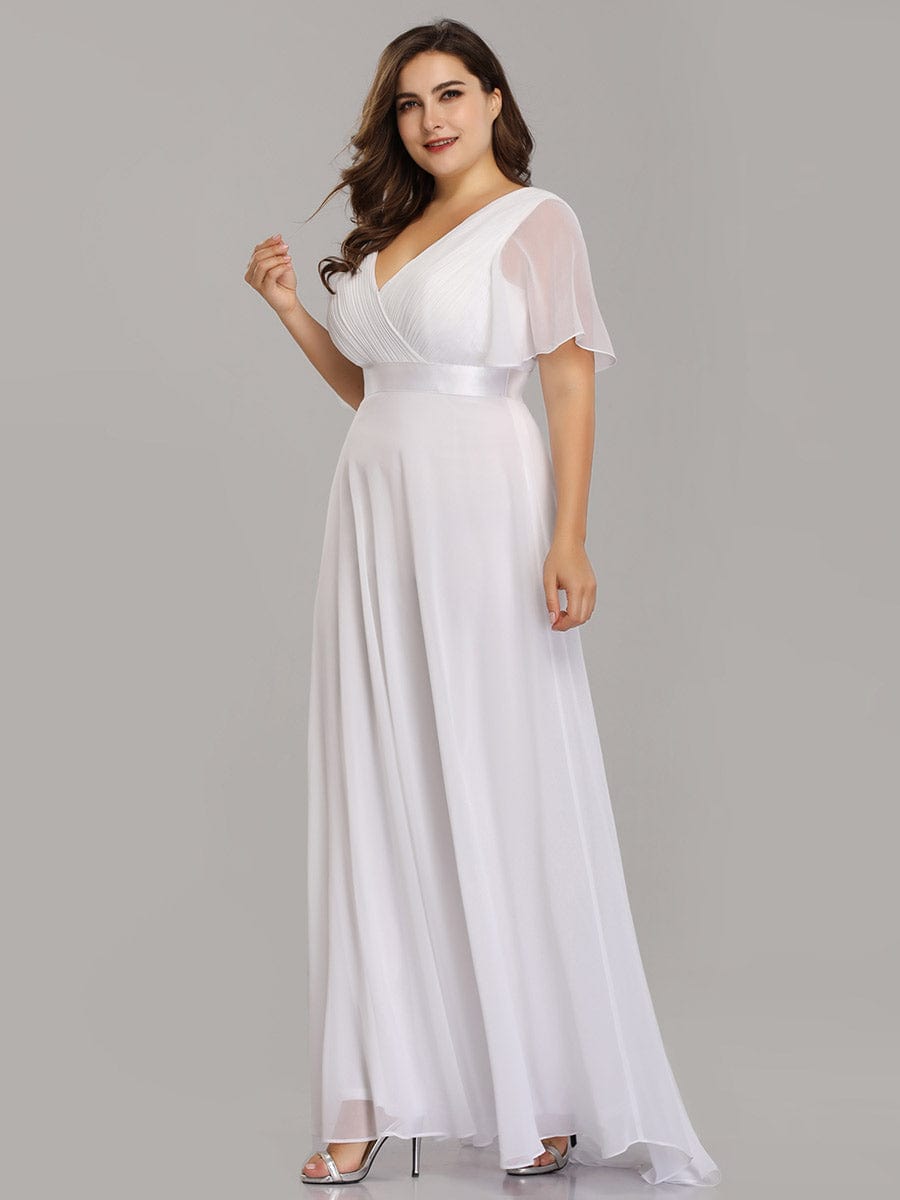 Plus Size Long Empire Waist Evening Dress With Short Flutter Sleeves #color_White