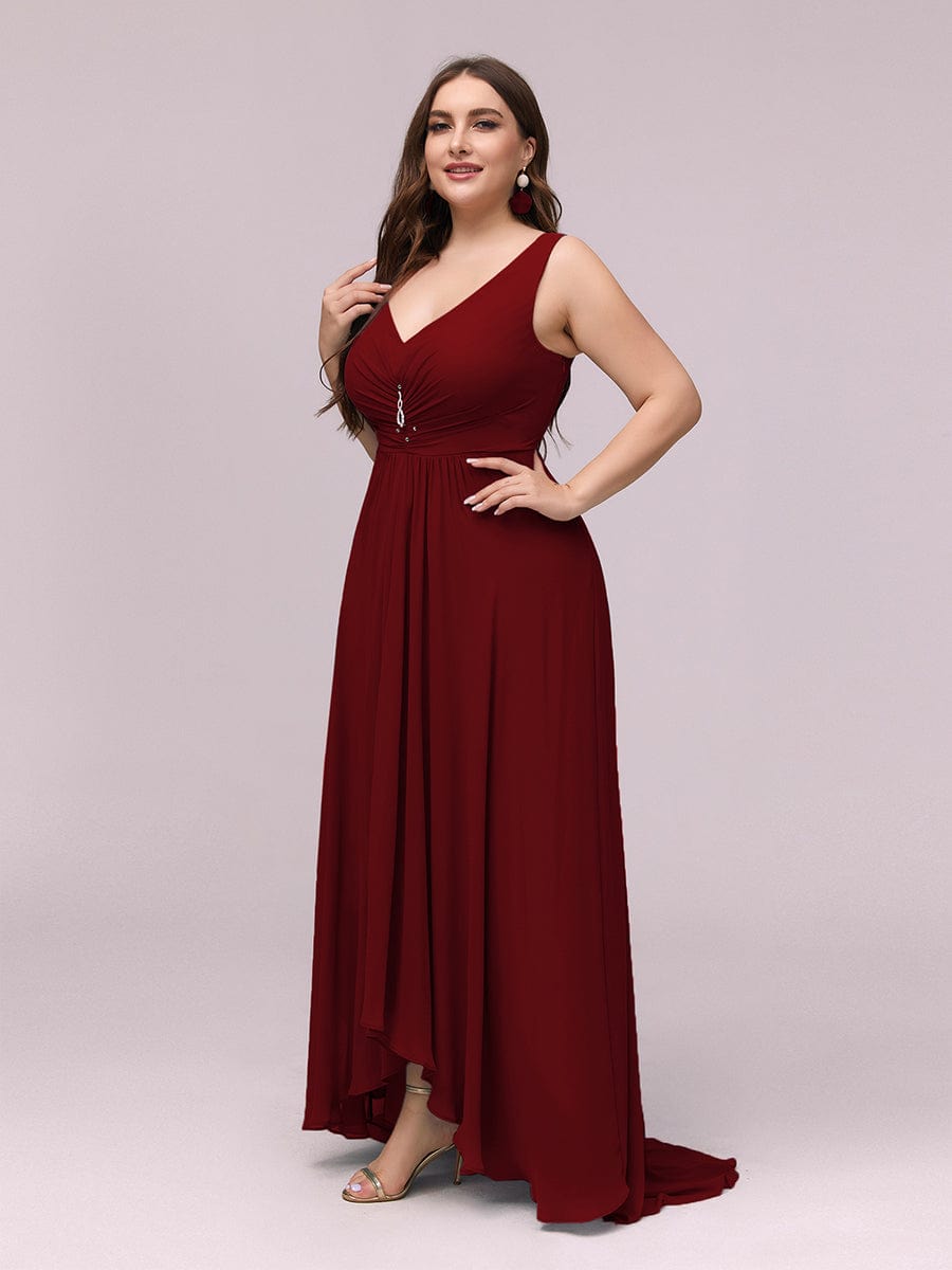 Custom Size V-Neck High-Low Chiffon Evening Party Dress #color_Burgundy