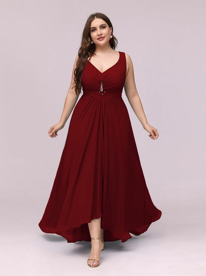 Custom Size V-Neck High-Low Chiffon Evening Party Dress #color_Burgundy