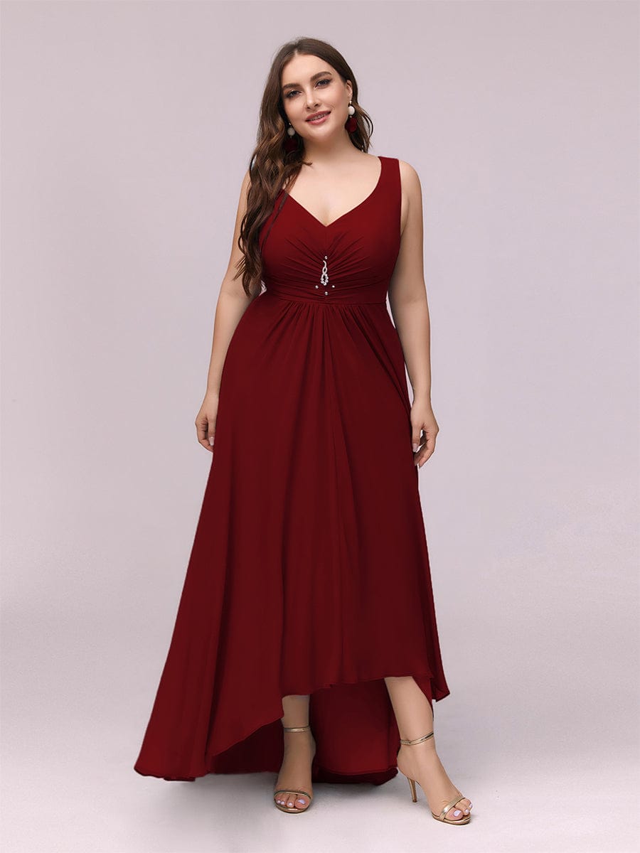 Custom Size V-Neck High-Low Chiffon Evening Party Dress #color_Burgundy