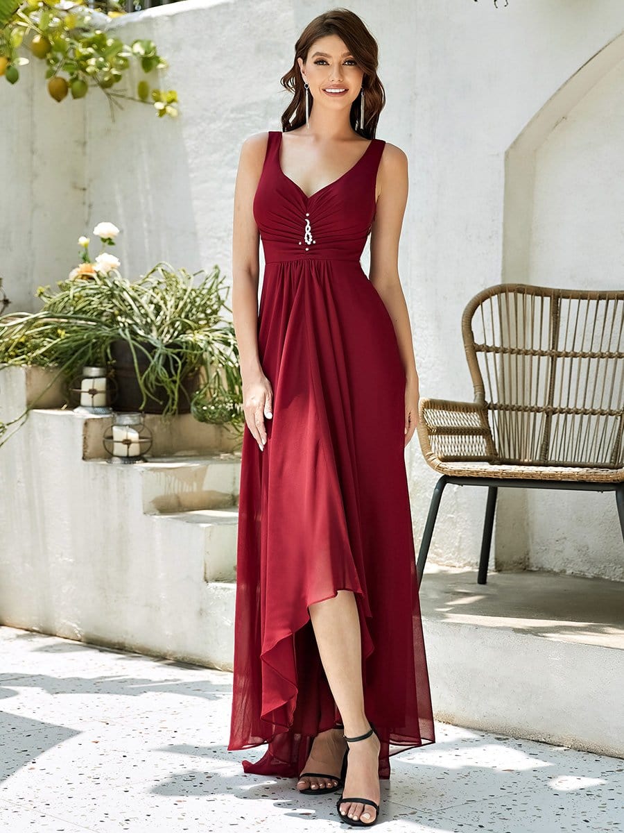 V-Neck High-Low Chiffon Evening Party Dress #color_Burgundy