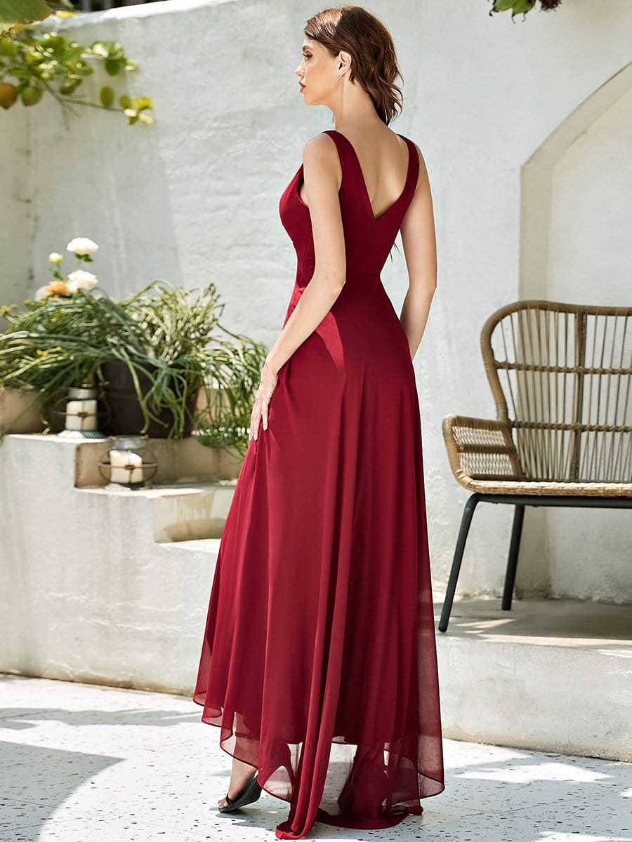 V-Neck High-Low Chiffon Evening Party Dress #color_Burgundy