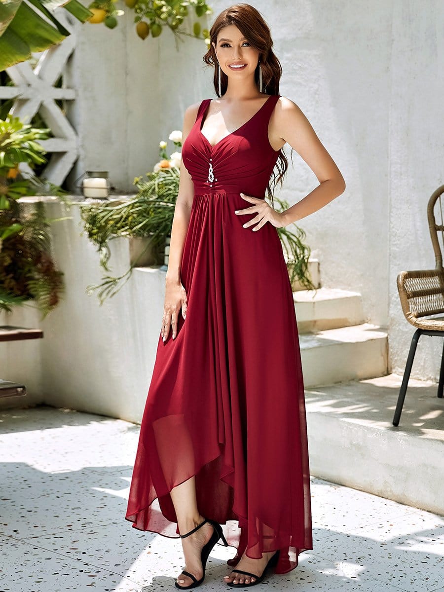 V-Neck High-Low Chiffon Evening Party Dress #color_Burgundy