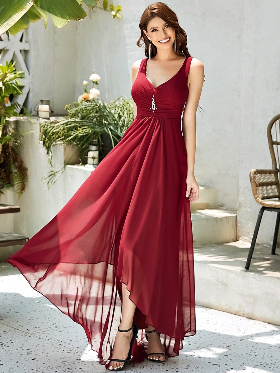 V-Neck High-Low Chiffon Evening Party Dress #color_Burgundy