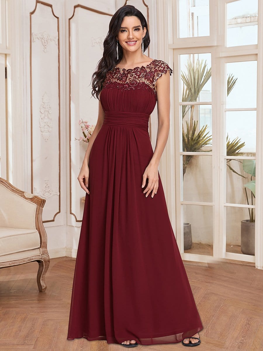 Elegant Lace Cap Sleeve Maxi Long Chiffon Bridesmaid Dress #color_Burgundy 