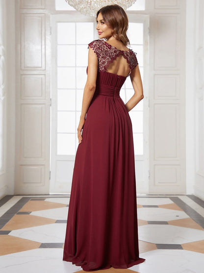 Elegant Lace Cap Sleeve Maxi Long Chiffon Bridesmaid Dress #color_Burgundy 