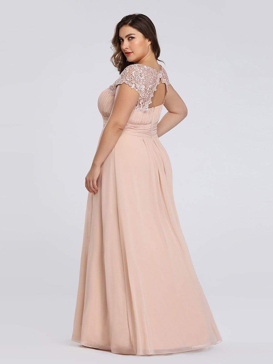 Elegant Maxi Long Lace Bridesmaid Dress with Cap Sleeve #color_Blush 