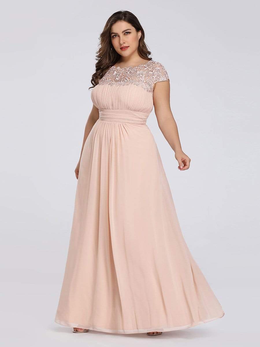 Plus Size Maxi Long Formal Lace Cap Sleeve Evening Dress #color_Blush 