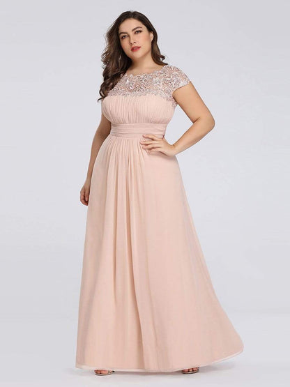 Plus Size Maxi Long Formal Lace Cap Sleeve Evening Dress #color_Blush 