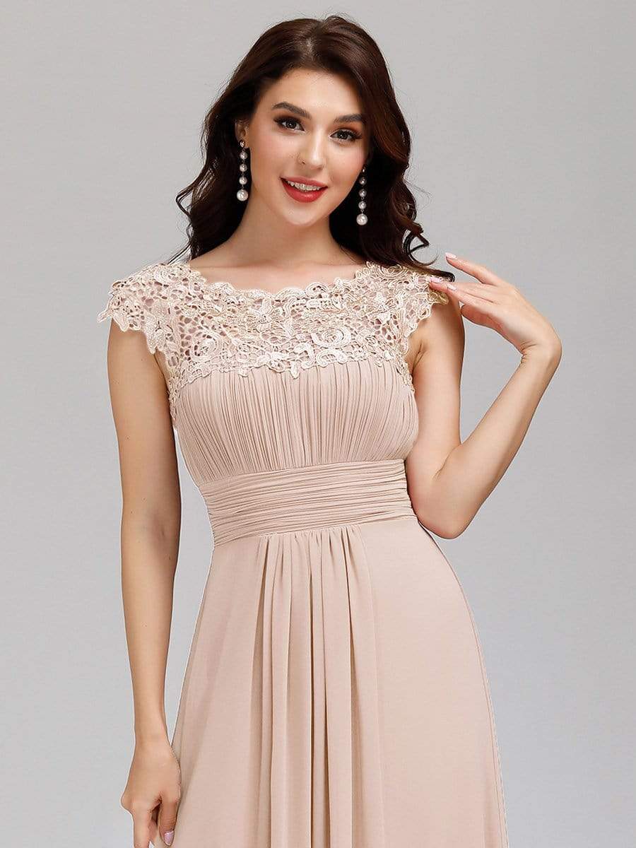 Elegant Maxi Long Lace Bridesmaid Dress with Cap Sleeve #color_Blush 