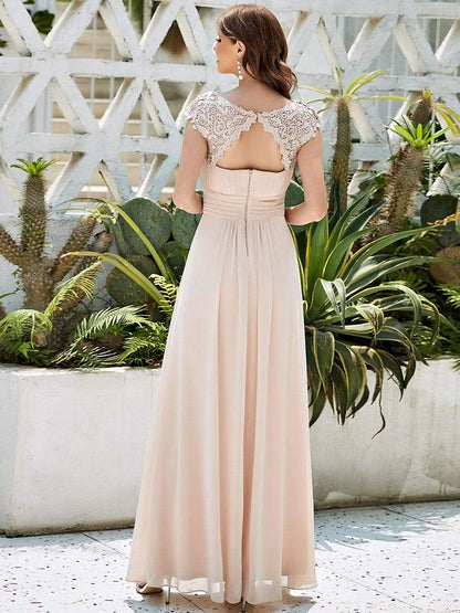 Elegant Maxi Long Lace Bridesmaid Dress with Cap Sleeve #color_Blush 