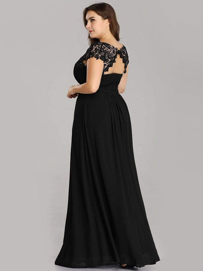 Plus Size Maxi Long Formal Lace Cap Sleeve Evening Dress #color_Black 