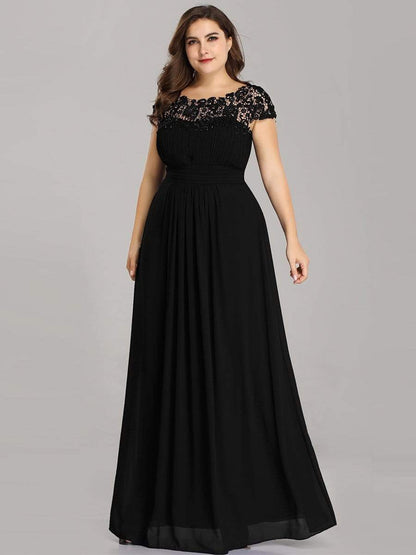 Plus Size Maxi Long Formal Lace Cap Sleeve Evening Dress #color_Black 