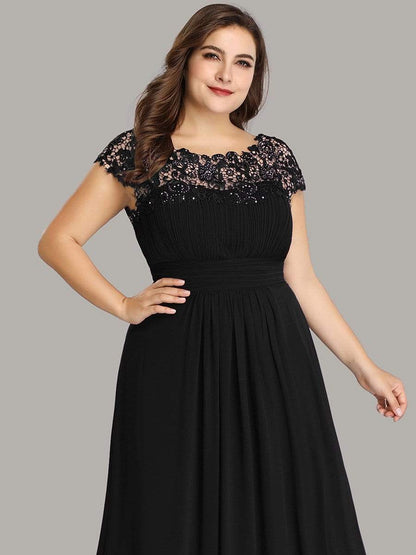 Plus Size Maxi Long Formal Lace Cap Sleeve Evening Dress #color_Black 