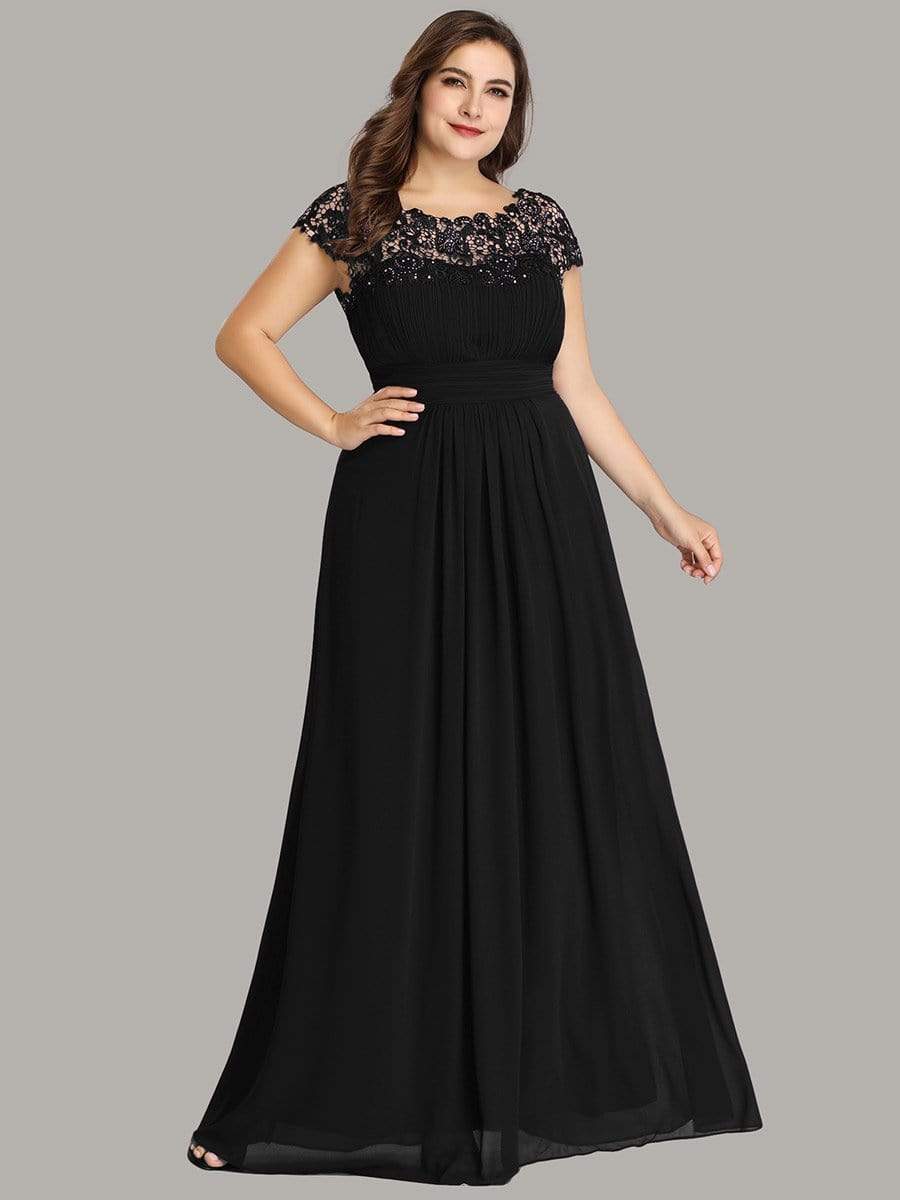 Elegant Maxi Long Lace Bridesmaid Dress with Cap Sleeve #color_Black 