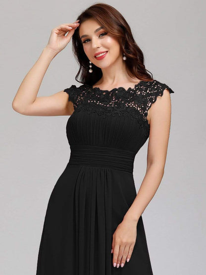 Elegant Maxi Long Lace Bridesmaid Dress with Cap Sleeve #color_Black 