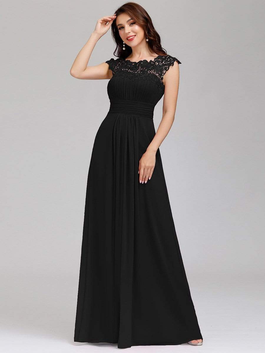 Elegant Maxi Long Lace Bridesmaid Dress with Cap Sleeve #color_Black 