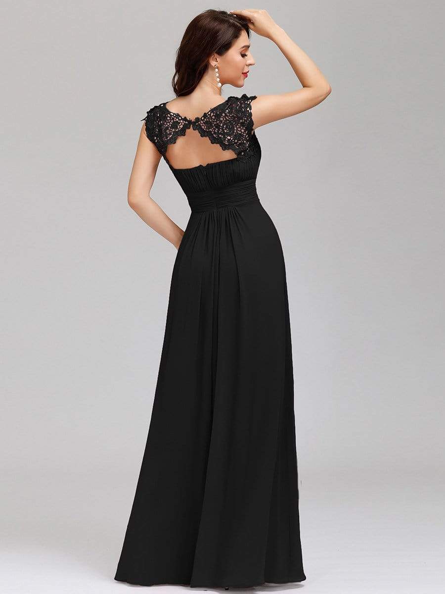 Elegant Maxi Long Lace Bridesmaid Dress with Cap Sleeve #color_Black 