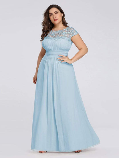 Plus Size Maxi Long Formal Lace Cap Sleeve Evening Dress #color_Sky Blue 