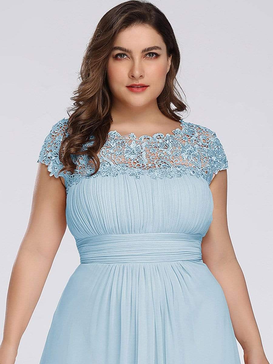 Plus Size Maxi Long Formal Lace Cap Sleeve Evening Dress #color_Sky Blue 