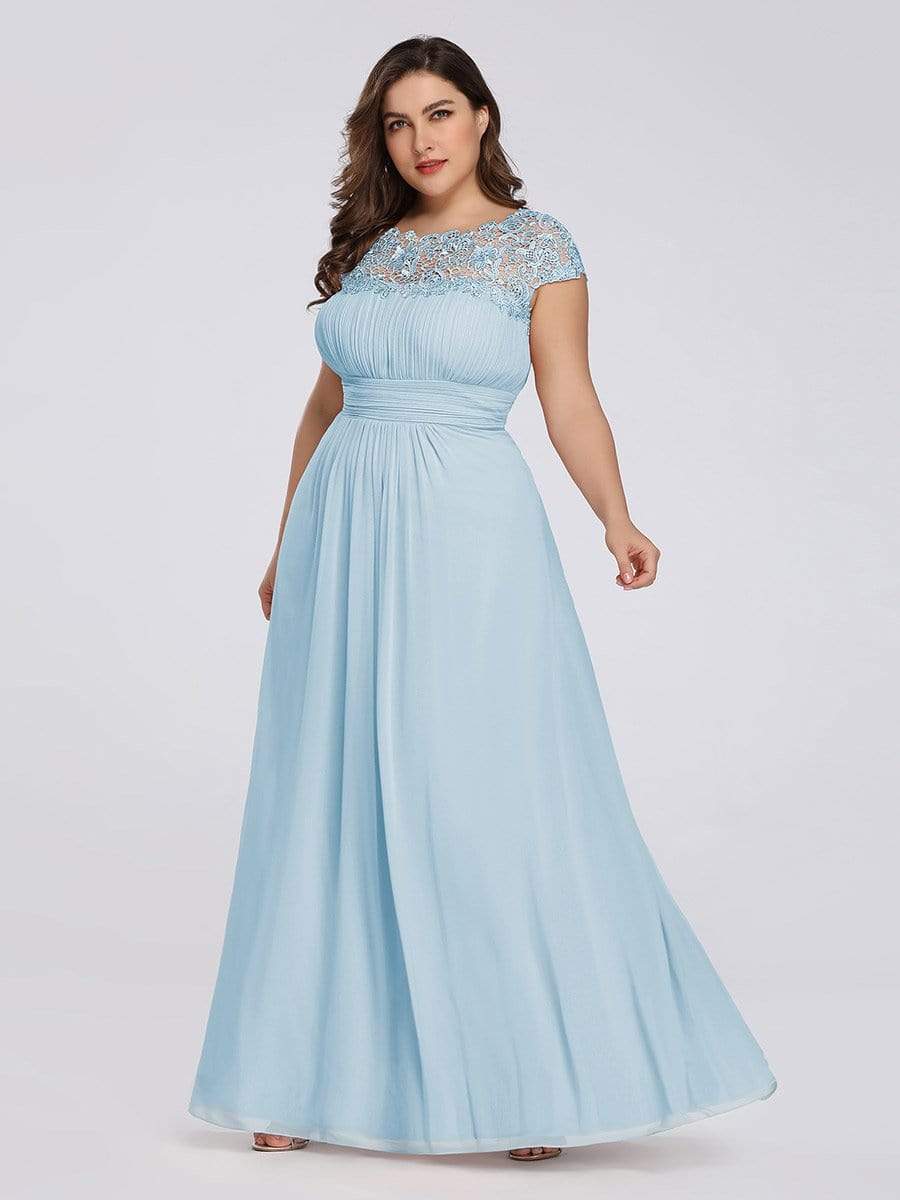 Elegant Lace Cap Sleeve Maxi Long Chiffon Bridesmaid Dress #color_Sky Blue 