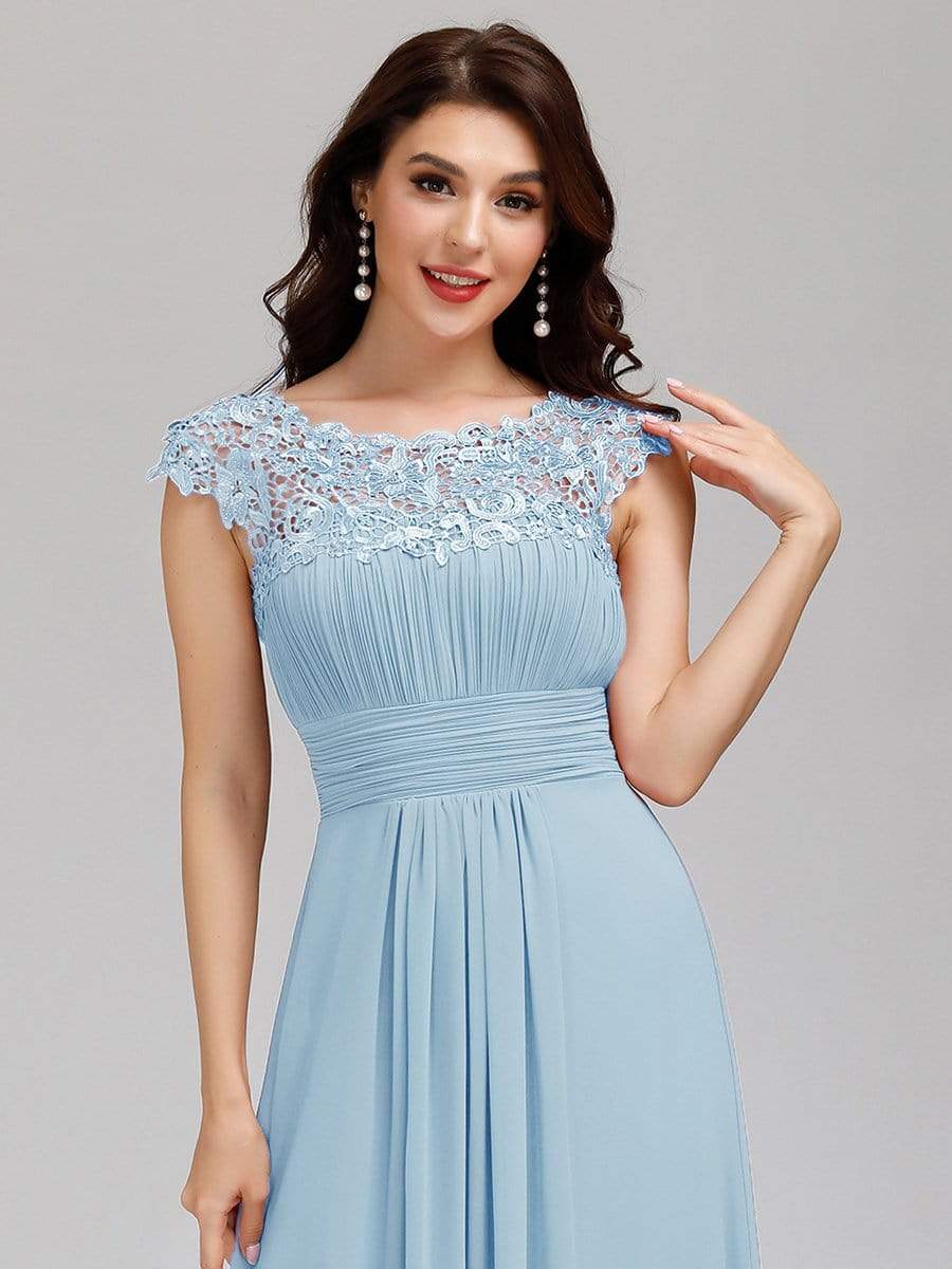 Elegant Lace Cap Sleeve Maxi Long Chiffon Bridesmaid Dress #color_Sky Blue 