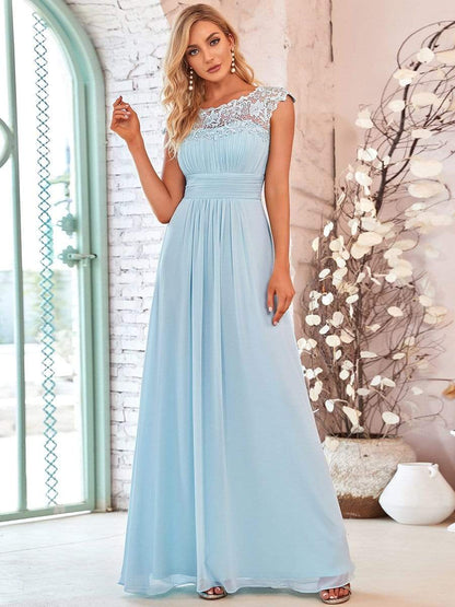 Elegant Lace Cap Sleeve Maxi Long Chiffon Bridesmaid Dress #color_Sky Blue