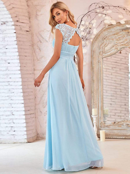 Elegant Lace Cap Sleeve Maxi Long Chiffon Bridesmaid Dress #color_Sky Blue 