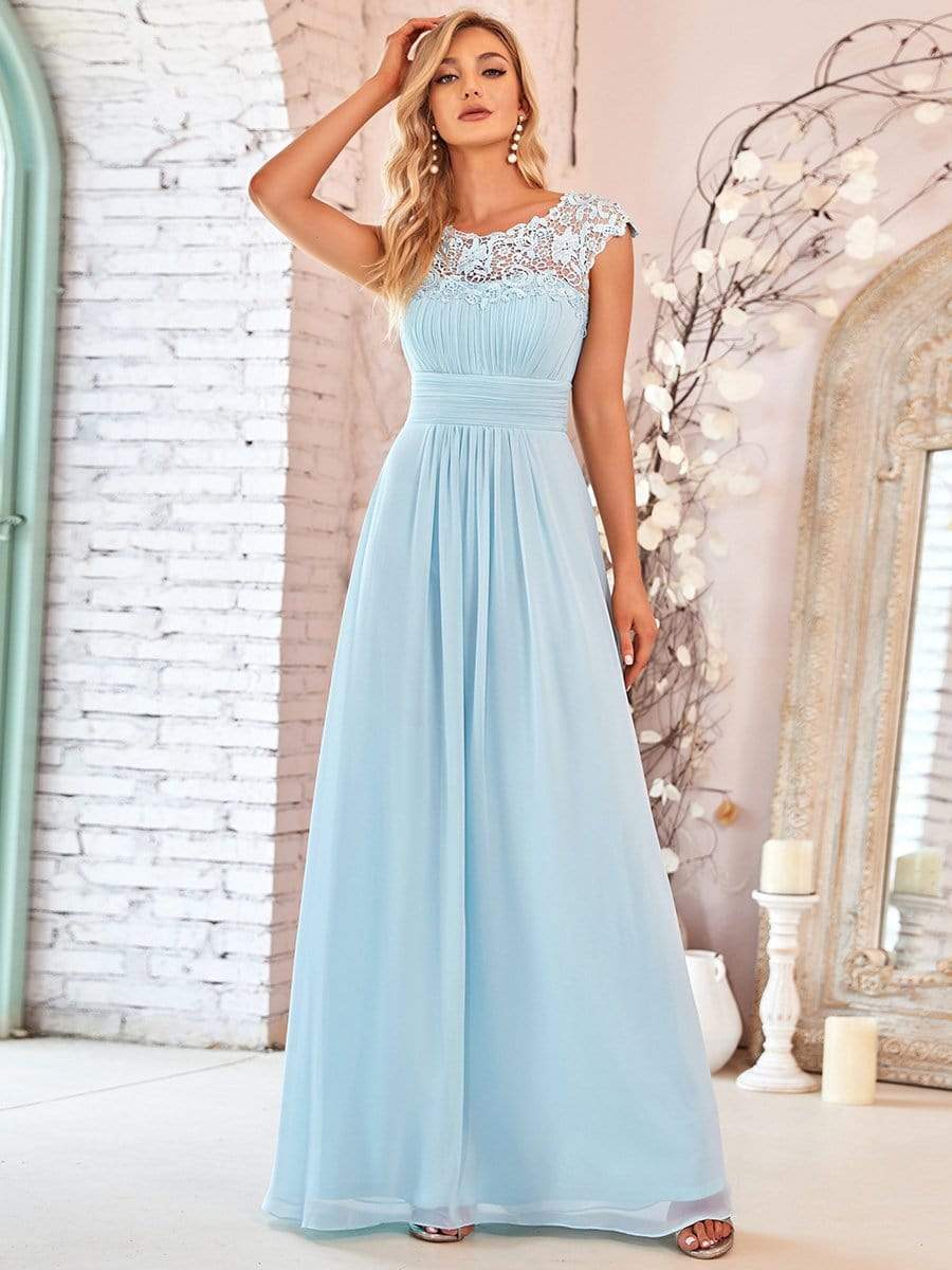 Elegant Lace Cap Sleeve Maxi Long Chiffon Bridesmaid Dress #color_Sky Blue 