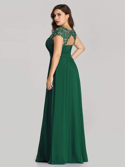 Plus Size Maxi Long Formal Lace Cap Sleeve Evening Dress #color_Dark Green 