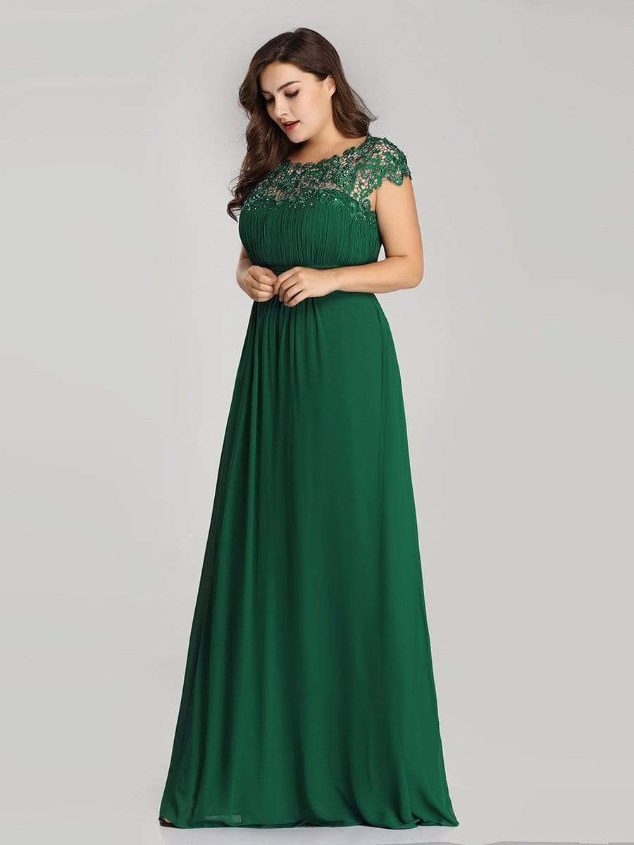 Plus Size Maxi Long Formal Lace Cap Sleeve Evening Dress #color_Dark Green 