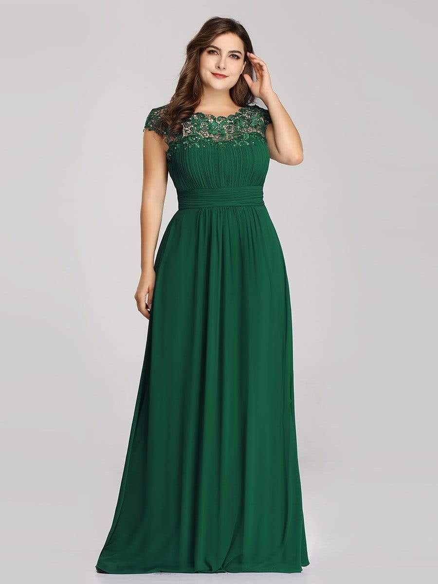 Elegant Lace Cap Sleeve Maxi Long Chiffon Bridesmaid Dress #color_Dark Green 