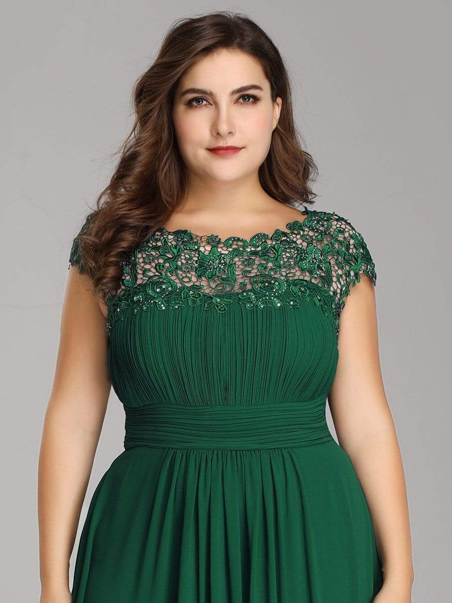 Plus Size Maxi Long Formal Lace Cap Sleeve Evening Dress #color_Dark Green 