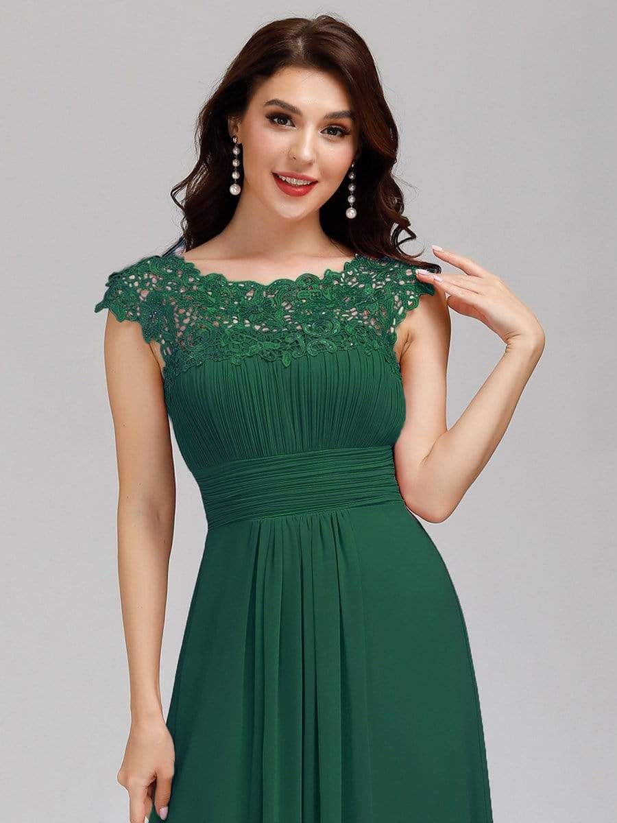 Elegant Lace Cap Sleeve Maxi Long Chiffon Bridesmaid Dress #color_Dark Green 