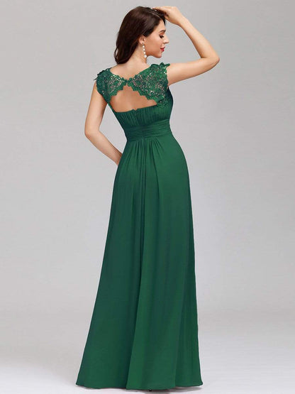 Elegant Lace Cap Sleeve Maxi Long Chiffon Bridesmaid Dress #color_Dark Green 