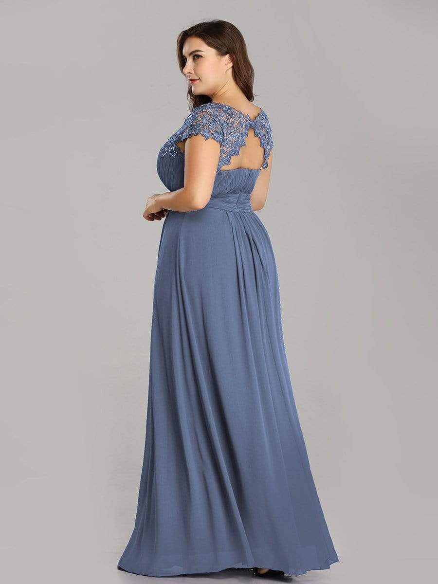 Plus Size Maxi Long Formal Lace Cap Sleeve Evening Dress #color_Dusty Navy 