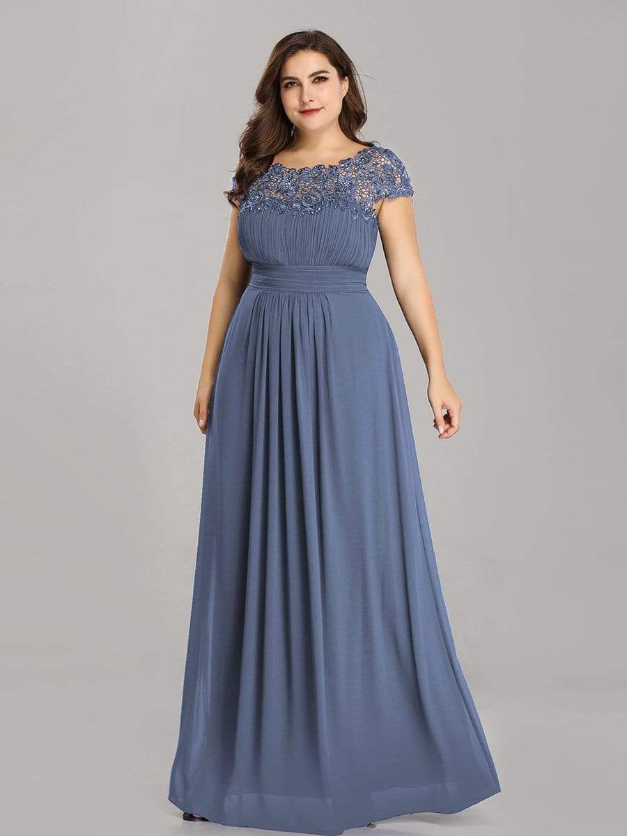 Plus Size Maxi Long Formal Lace Cap Sleeve Evening Dress #color_Dusty Navy 