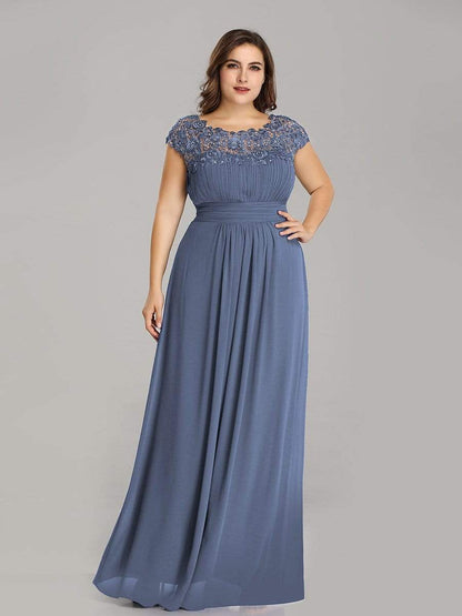 Plus Size Maxi Long Formal Lace Cap Sleeve Evening Dress #color_Dusty Navy 