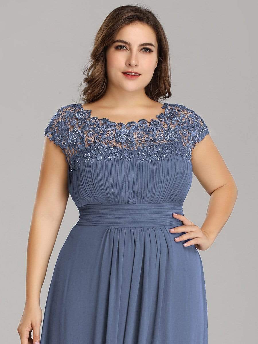 Plus Size Maxi Long Formal Lace Cap Sleeve Evening Dress #color_Dusty Navy 