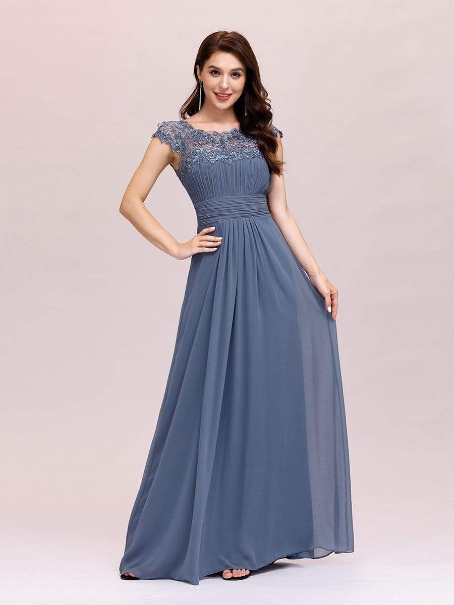 Elegant Maxi Long Lace Bridesmaid Dress with Cap Sleeve #color_Dusty Navy 