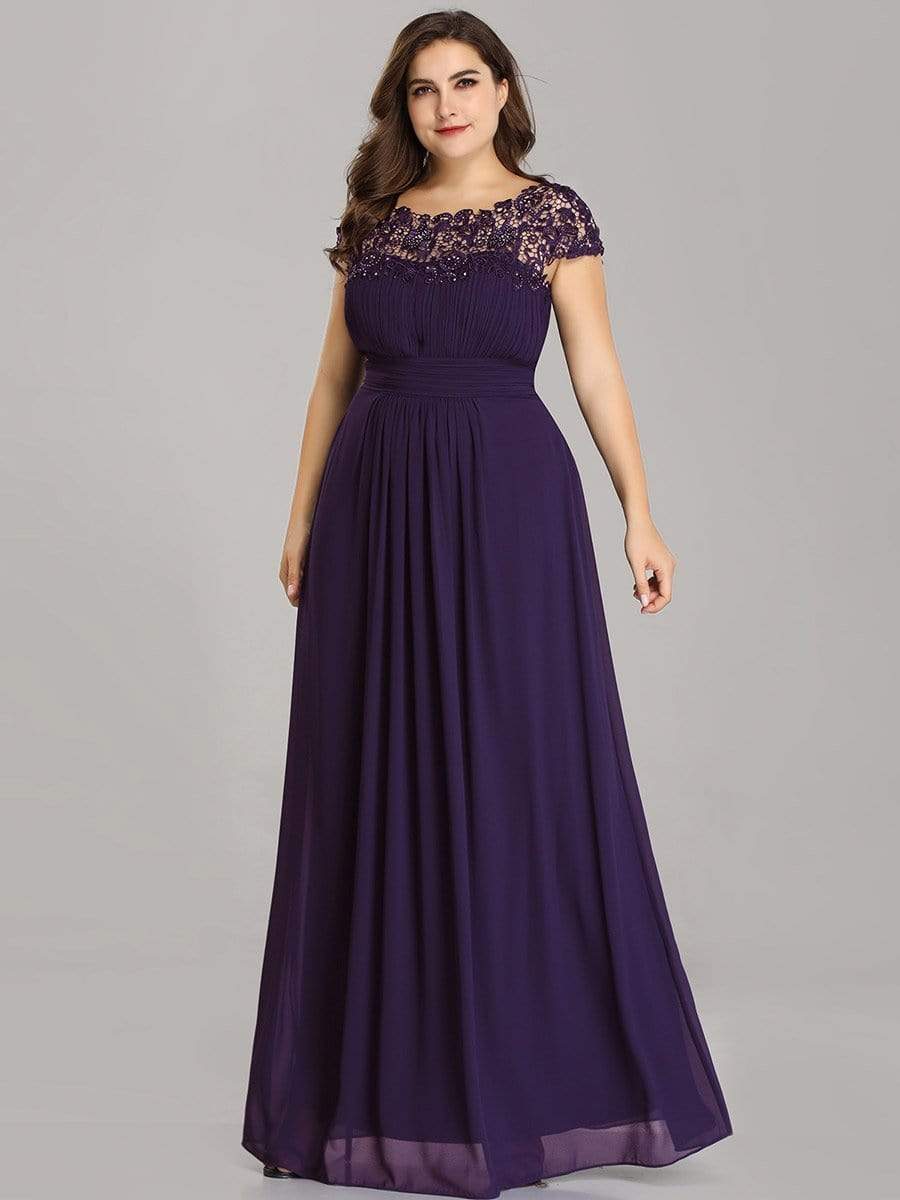 Plus Size Maxi Long Formal Lace Cap Sleeve Evening Dress #color_Dark Purple 